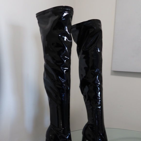 NWT Zara Over the Knee Block Heel Shiny PU Leather Boots - Picture 6 of 7